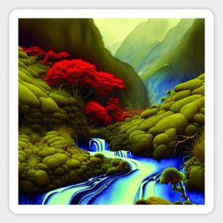 Beautiful Digital Painting With a Blue Running River Near Mountains Magnet